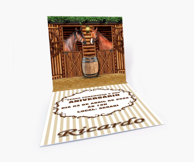 Convite Infantil Aniversário Menino Fazendinha Corda Cavalo Listras Marrom