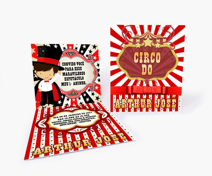 Convite Personalizado Infantil Tema Mágico Circo Espetáculo Listras Vermelho