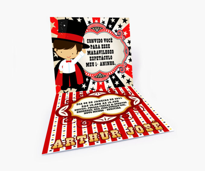 Convite Personalizado Infantil Tema Mágico Circo Espetáculo Listras Vermelho
