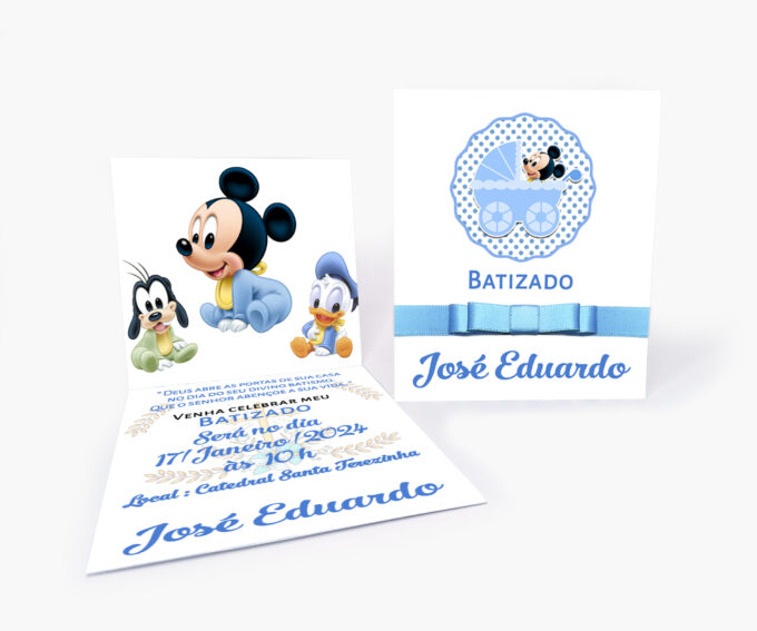 Convite Infantil para Batizado Personalizado Mickey Baby Azul Bebê Poá