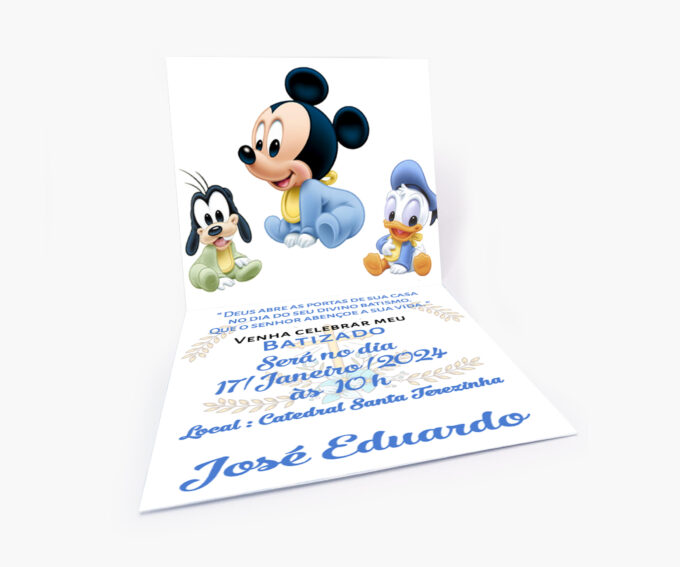 Convite Infantil para Batizado Personalizado Mickey Baby Azul Bebê Poá