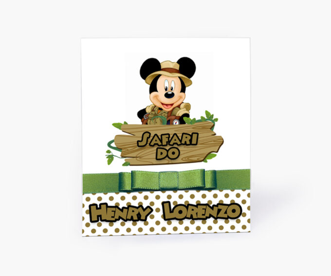 Convite Personalizado para aniversário Infantil Mickey Safari Verde Militar Poá