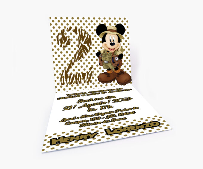 Convite Personalizado para aniversário Infantil Mickey Safari Verde Militar Poá