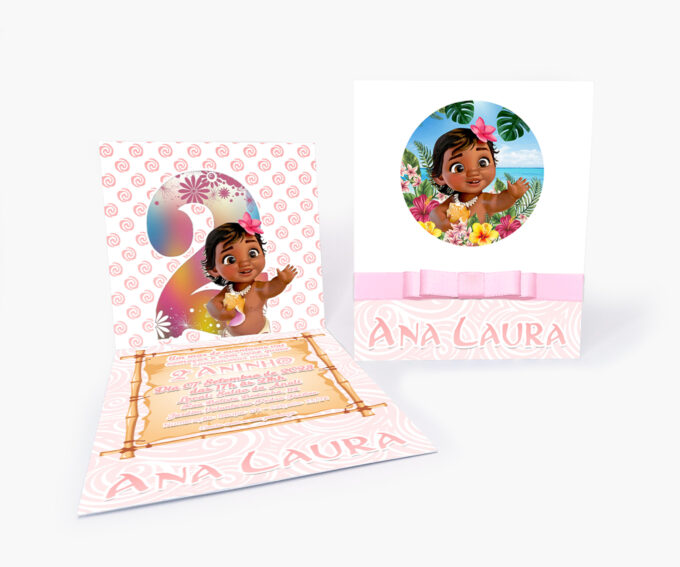 Convite Personalizado Aniversário Infantil Tema Moana Baby Rosa