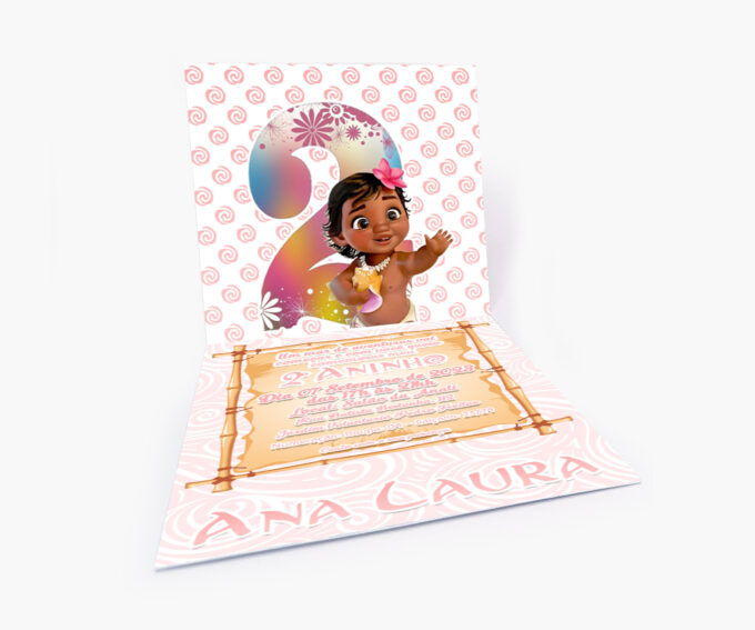 Convite Personalizado Aniversário Infantil Tema Moana Baby Rosa