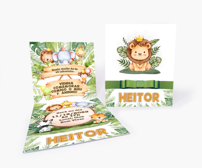 Convite Infantil Tema Folhas Costela de Adão Menino Leão Bichos Baby Safari Verde