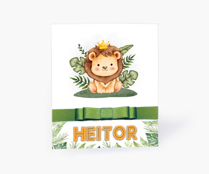 Convite Infantil Tema Folhas Costela de Adão Menino Leão Bichos Baby Safari Verde
