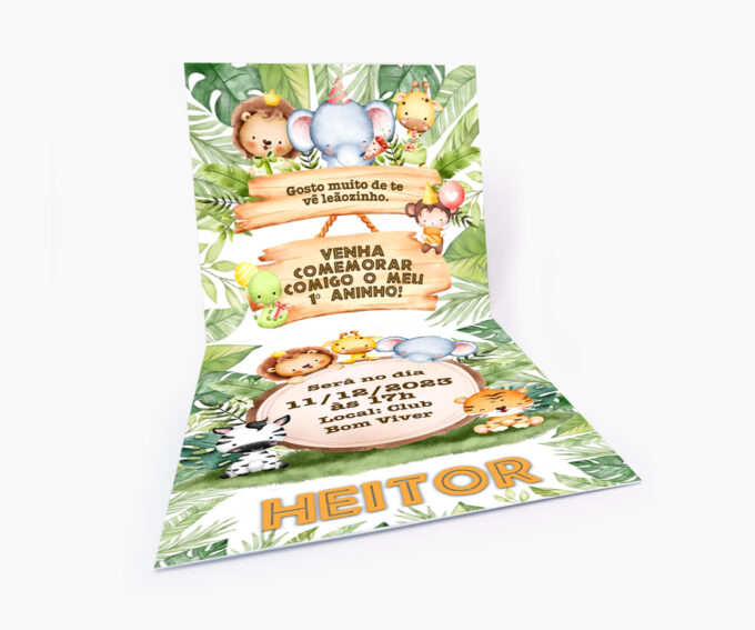 Convite Infantil Tema Folhas Costela de Adão Menino Leão Bichos Baby Safari Verde
