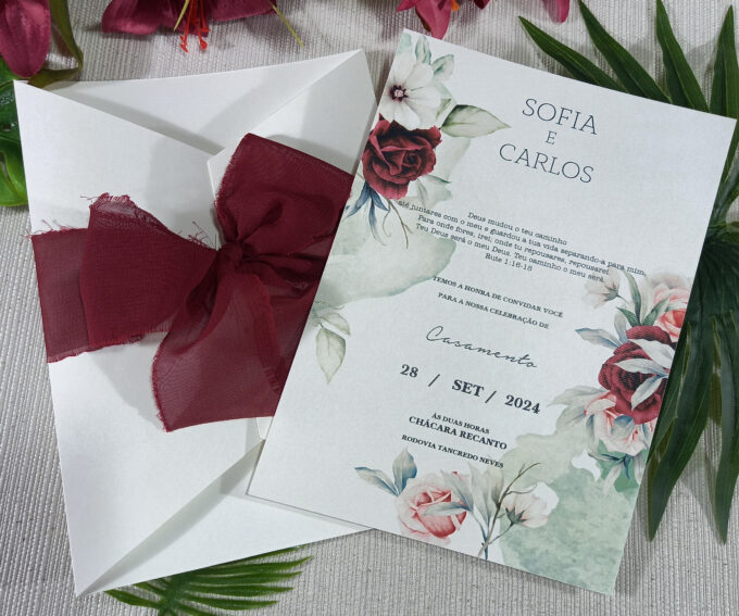 Convite Clássico para Casamento floral marsala Papel Especial Markatto