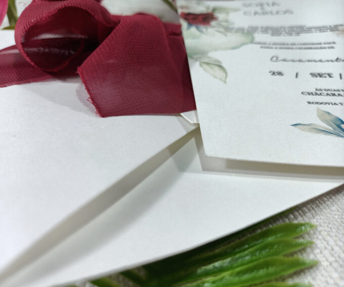 Convite Clássico para Casamento floral marsala Papel Especial Markatto