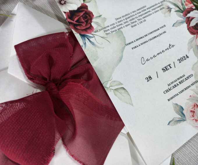 Convite Clássico para Casamento floral marsala Papel Especial Markatto