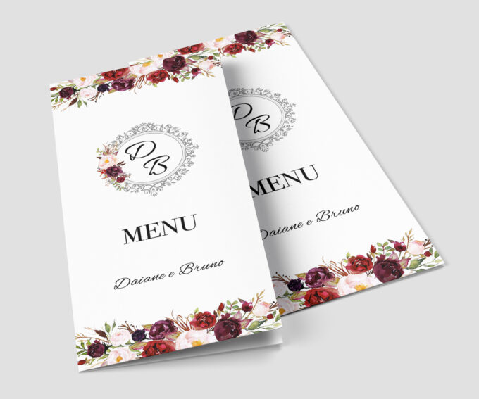 Menu Cardápio de Mesa Festa Casamento noivado aniversario Marsala e Prata Floral