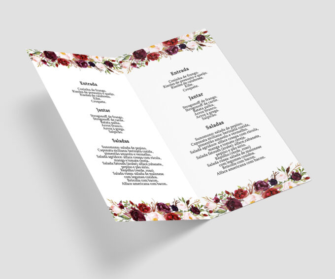 Menu Cardápio de Mesa Festa Casamento noivado aniversario Marsala e Prata Floral