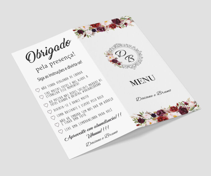 Menu Cardápio de Mesa Festa Casamento noivado aniversario Marsala e Prata Floral