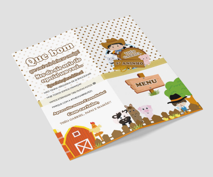 Menu Infantil Cardápio de Mesa Aniversário Tema Fazendinha Cowboy