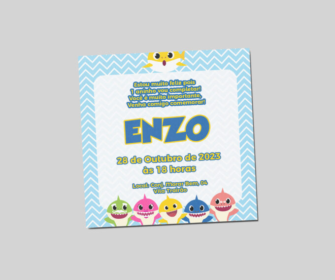 Convite com Envelope para Aniversário Infantil Tema Personalizado Baby Shark