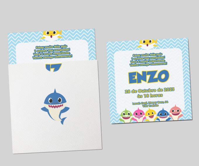 Convite com Envelope para Aniversário Infantil Tema Personalizado Baby Shark