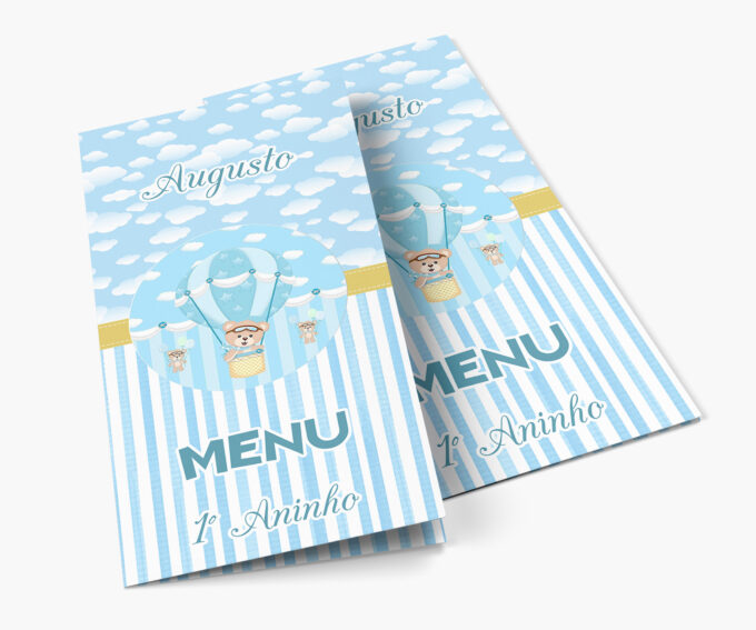 Menu Infantil Cardápio de Mesa Aniversário Ursinho Baloeiro Azul Bebê
