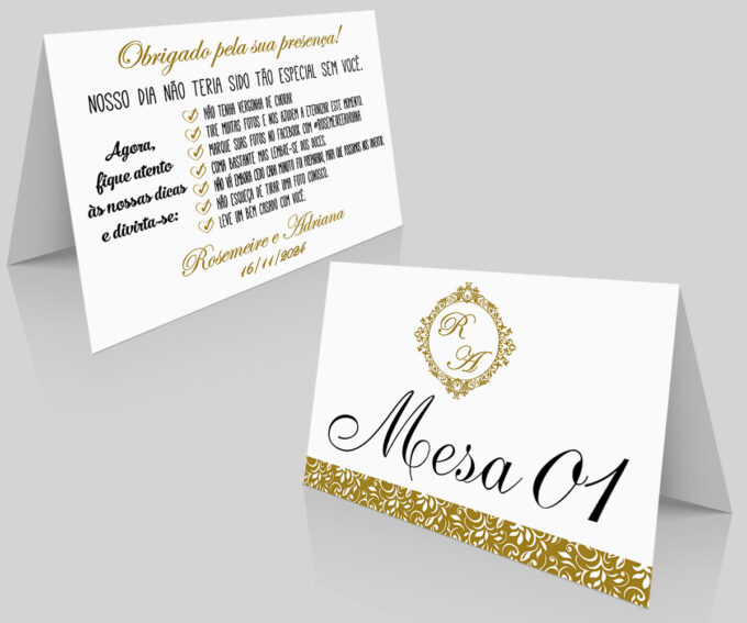 Placa de Numeração Agradecimento Marcador de Mesa Dourado