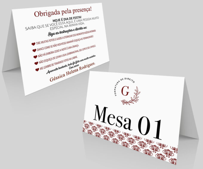 Placa com QR Numeração de Mesa para Formatura Curso Direito Marsala