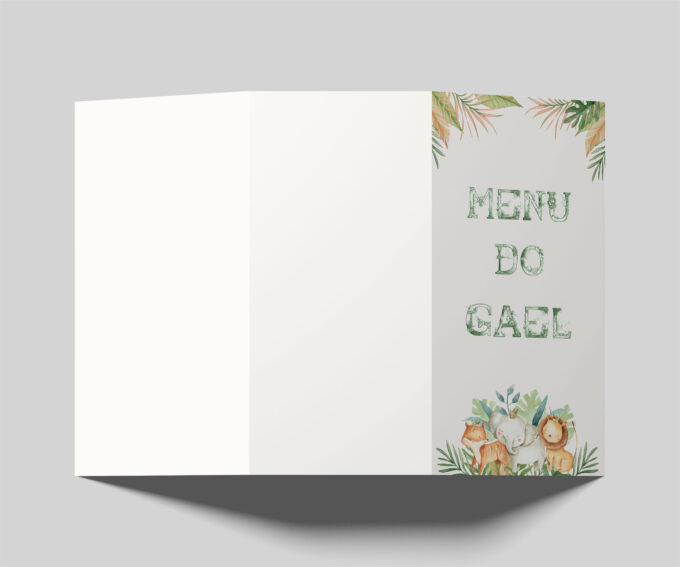 Menu cardápio para aniversário infantil Safari Criativo 2 dobras