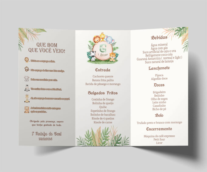 Menu cardápio para aniversário infantil Safari Criativo 2 dobras
