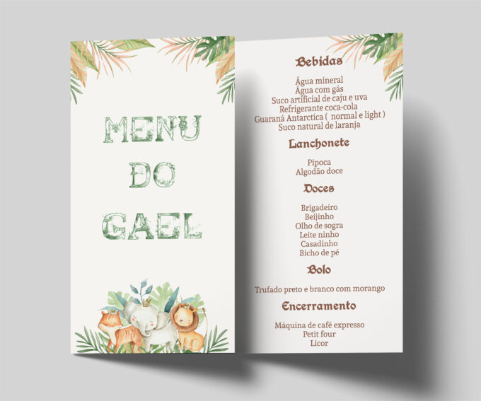 Menu cardápio para aniversário infantil Safari Criativo 2 dobras